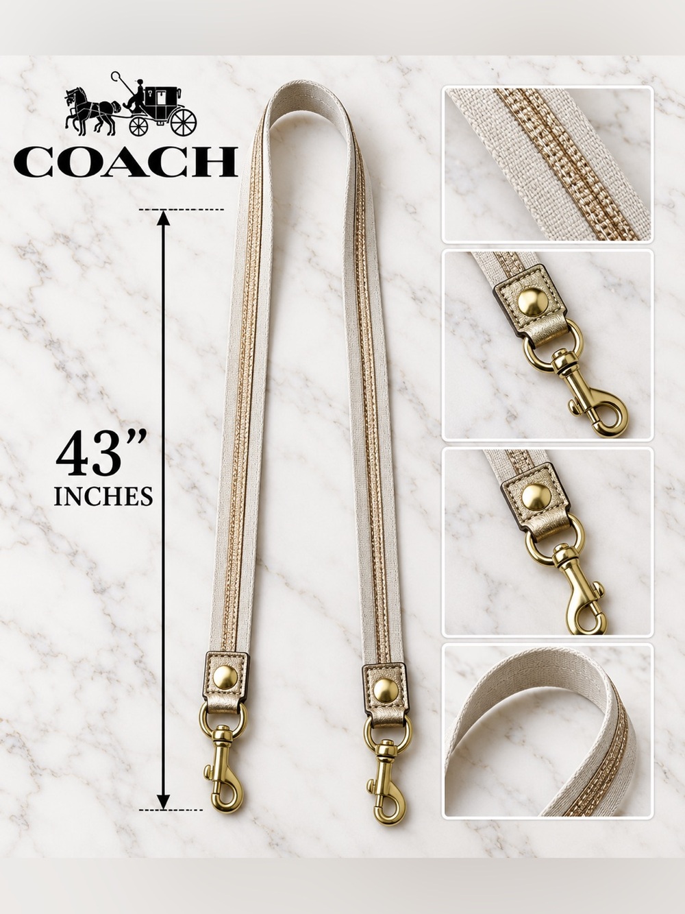 VTG Coach Poppy Cream Canvas Metallic Replacement Shoulder Strap Gold Hardware